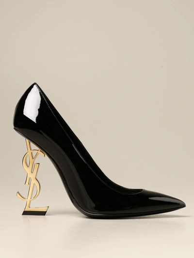 Shop Saint Laurent Opyum  Pumps In Patent Leather With "ysl" Structured Metal Heel In Black