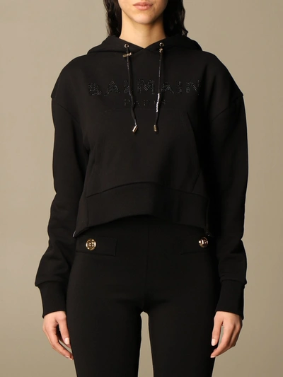 Shop Balmain Hooded Sweatshirt In Cotton With Logo In Black