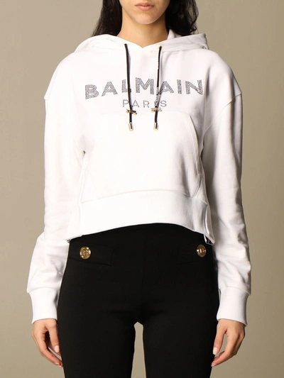 Shop Balmain Hooded Sweatshirt In Cotton With Logo In Black 1