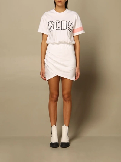 Shop Gcds Cotton Dress With Big Logo In White