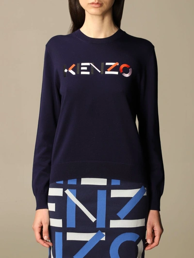 Shop Kenzo Crewneck Sweater With Logo In Blue