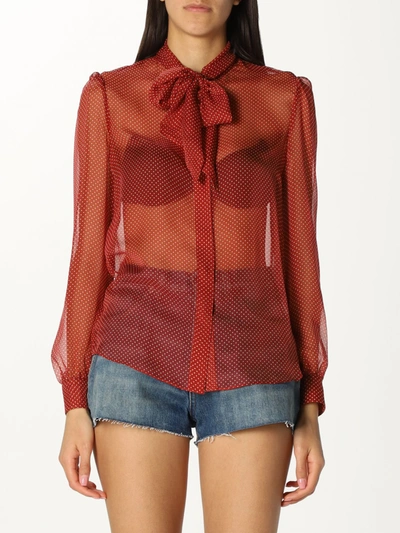 Shop Saint Laurent Shirt In Polka Dot Silk In Red