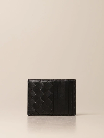 Shop Bottega Veneta Credit Card Holder In Woven Leather With Zip In Black