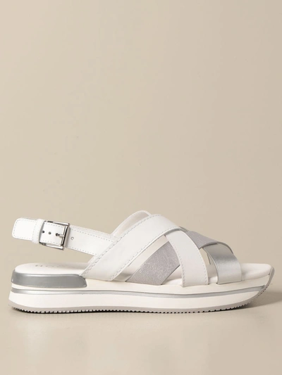 Shop Hogan Sandal In Smooth And Laminated Leather In White