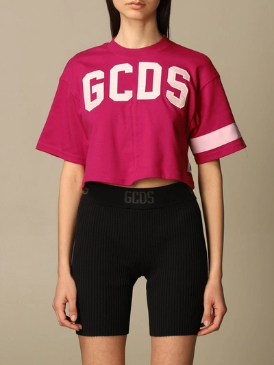 Shop Gcds Cropped T-shirt With Logo In Fuchsia