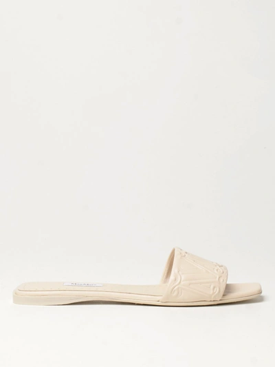 Shop Max Mara Flat Sandals In Leather With Logo In Ivory