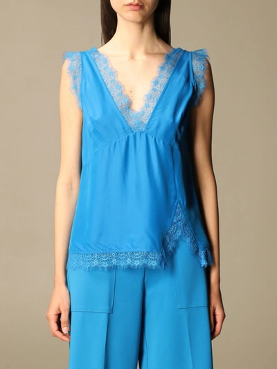 Shop Pinko Lingerie Top In Viscose And Lace In Turquoise
