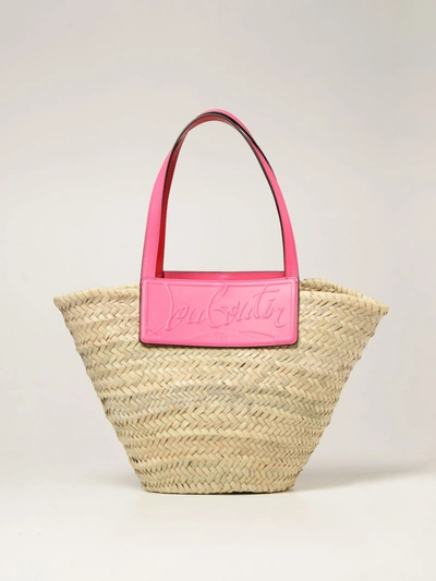 Shop Christian Louboutin Loubishore Bag In Woven Straw In Pink