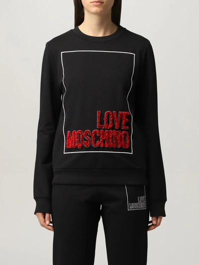 Shop Love Moschino Cotton Sweatshirt With Rouches Logo In Black