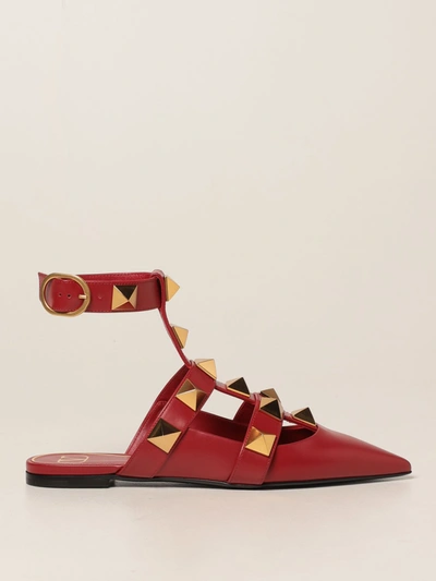 Shop Valentino Roman Stud Ballerina In Leather With Maxi Studs In Red