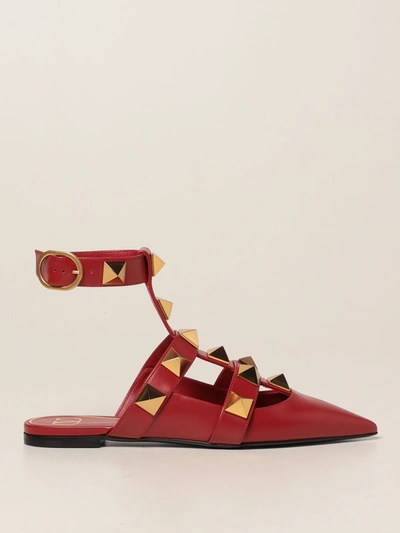 Valentino Roman Stud Ballerina In Leather With Maxi Studs In Red