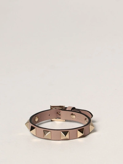 Shop Valentino Rockstud Leather Bracelet With Studs In Blush Pink