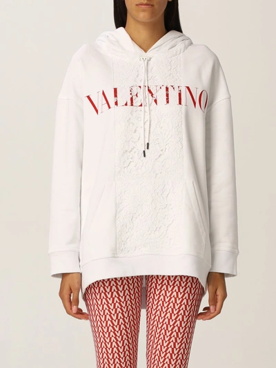 Shop Valentino Sweatshirt In Cotton Jersey And Lace With Logo In White