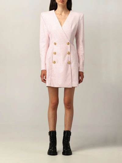 Shop Balmain Doublebreasted  Dress With Monogram In Pink