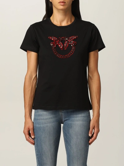 Shop Pinko Cotton Tshirt With Embroidered Logo In Black 1