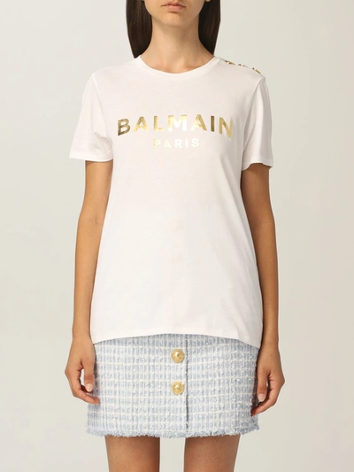 Shop Balmain Cotton Tshirt With Laminated Logo In White