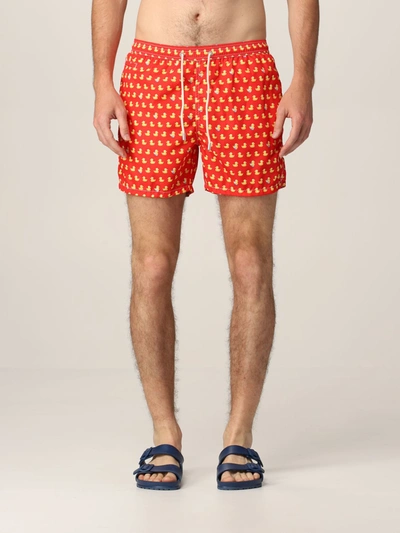 Shop Mc2 Saint Barth Swim Shorts With Duck Pattern In Red