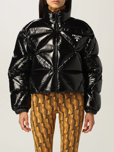 Prada Down Jacket In Shiny Cropped Nylon In Black | ModeSens