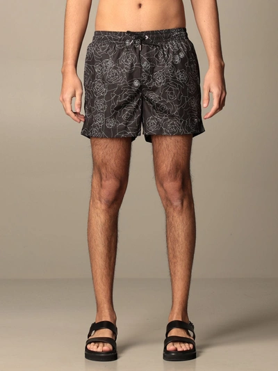 Shop Les Hommes Boxer Swimsuit With Floral Pattern In Black