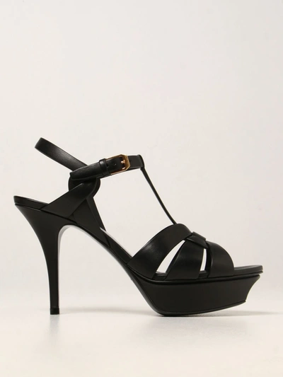 Shop Saint Laurent Tribute  Leather Sandal In Black