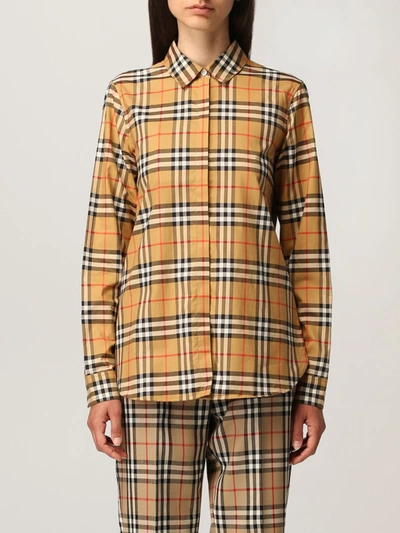 Shop Burberry Oversize Shirt In Cotton With Vintage Check Pattern In Beige