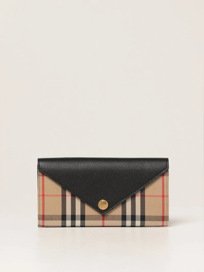 Shop Burberry Continental  Wallet In Check Canvas And Leather In Beige