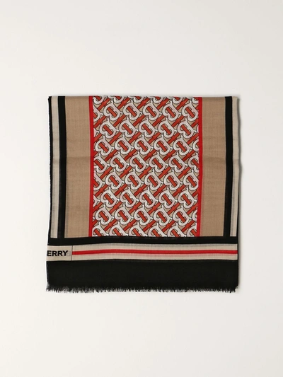 Shop Burberry Scarf In Wool And Silk With Monogram Print In Beige