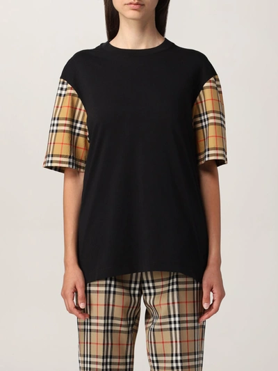 Shop Burberry Cotton Tshirt With Check Sleeves In Black