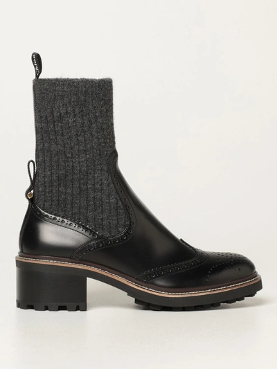 Shop Chloé Ankle Boot In Leather And Knit In Black