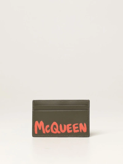 Shop Alexander Mcqueen Credit Card Holder In Leather With Logo In Kaki