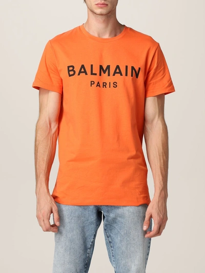 Shop Balmain Cotton Tshirt With Logo In Orange