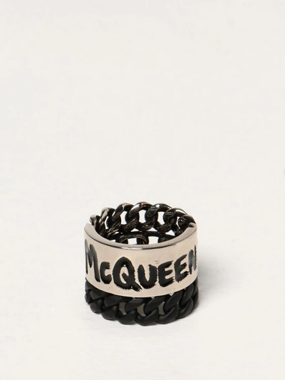 Shop Alexander Mcqueen Chain Ring With Graffiti Logo In Silver