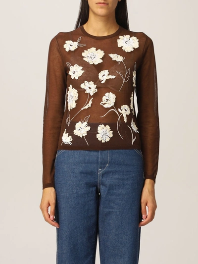 Shop Tory Burch Jumper In Cotton Blend With Embroidered Flowers In Multicolor