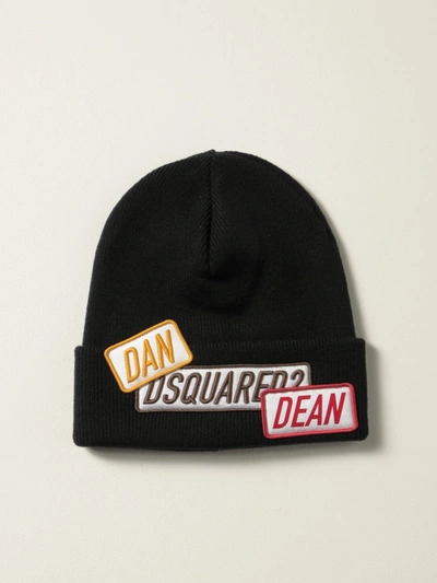 Shop Dsquared2 Beanie Hat In Wool With Logo Patches In Black