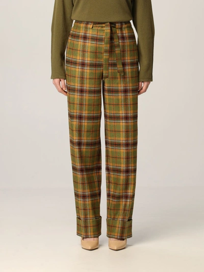 Shop Alberta Ferretti Pants In Check Wool Blend In Green