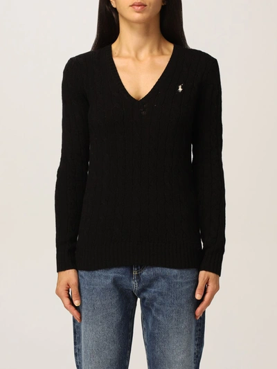 Polo Ralph Lauren Vneck Jumper In Cableknit Wool In Black | ModeSens