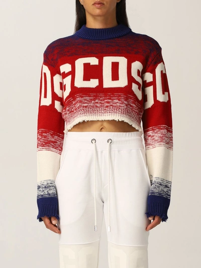 Shop Gcds Cropped Sweater With Jacquard Logo In Blue