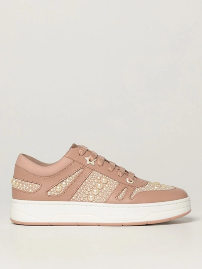 Shop Jimmy Choo Hawaii Trainers In Leather With Pearls In Pink
