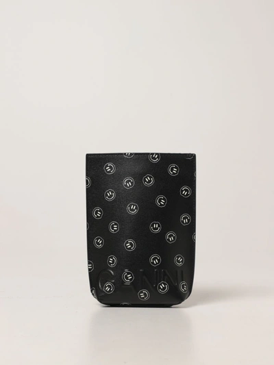 Shop Ganni Leather Shoulder Bag With Allover Smiley Face In Charcoal