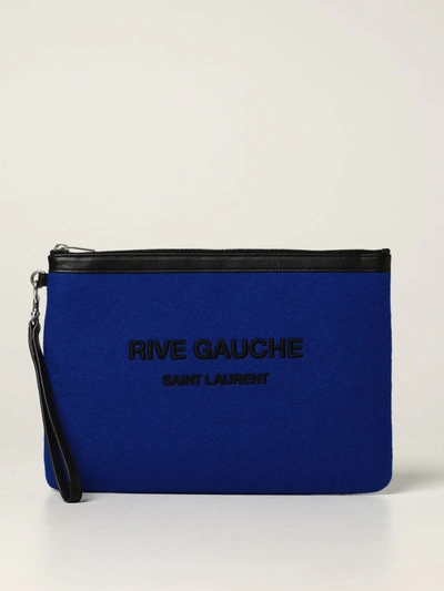 Shop Saint Laurent Rive Gauche  Pouch In Felt With Logo In Sapphire
