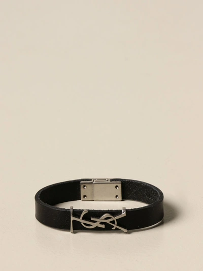 Shop Saint Laurent Opyum  Leather Bracelet With Ysl Monogram In Black
