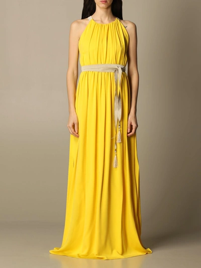 Shop Max Mara Long Dress In Silk Charmeuse With Belt In Yellow