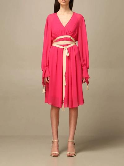 Shop Max Mara Silk Georgette Dress With Belt In Fuchsia