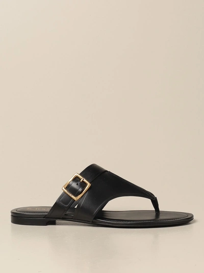 Shop Tod's Flat Sandals In Leather With Metal Buckle In Black