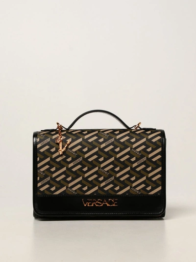 Shop Versace La Greca Signature  Canvas Handbag In Black