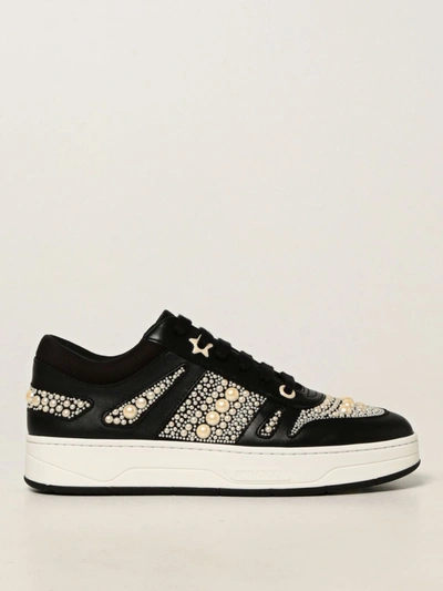 Shop Jimmy Choo Hawaii Sneakers In Leather With Pearls In Black