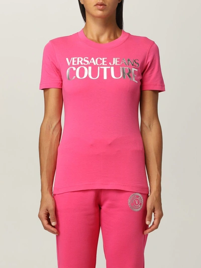 Shop Versace Jeans Couture Tshirt With Laminated Logo In Fuchsia