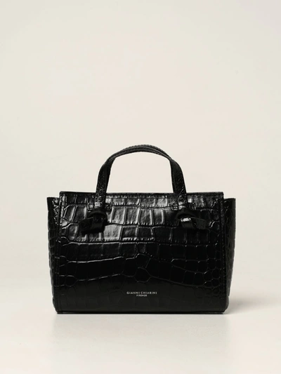 Shop Gianni Chiarini Club Marcella Bag In Crocodile Print Leather In Black