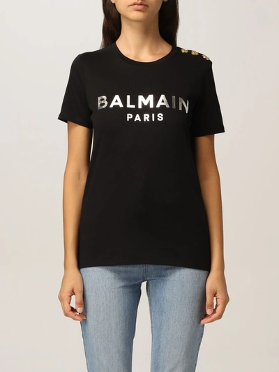 Shop Balmain Cotton Tshirt With Laminated Logo In Black 1