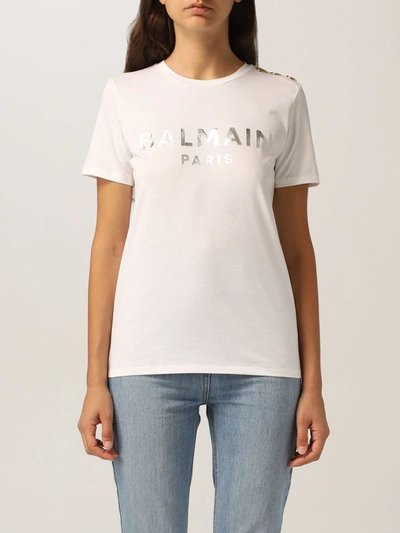 Shop Balmain Cotton Tshirt With Laminated Logo In White 1